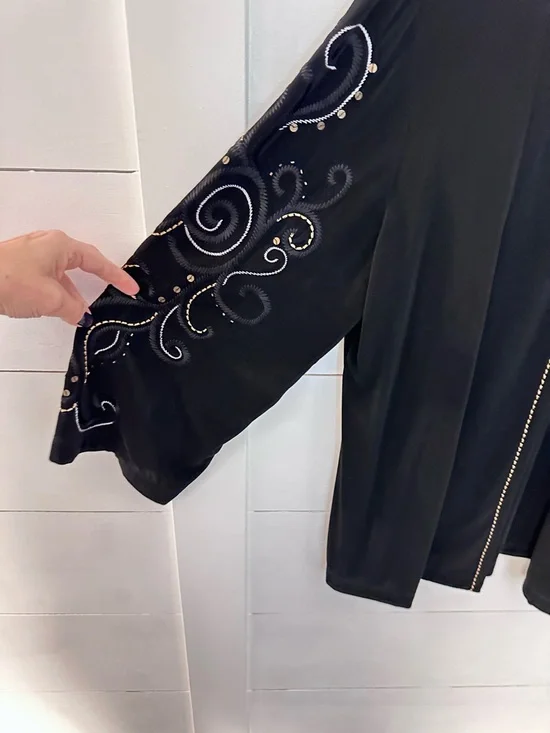 CHICOS TRAVELER XL black open embroidered stretch classic coastal comfort blazer - Picture 5 of 9